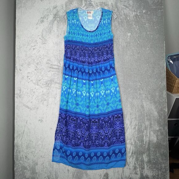 R&K Originals Dress Women 10 Blue Geometric Stripe Midi Dress Vacation Colorful‎ - Picture 2 of 8